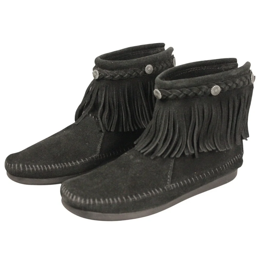 Minnetonka 299 Black Suede Back Zip Fringe Ankle Boots Womens 8‎ Concho Boho
